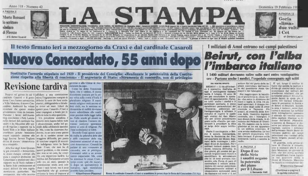 Prima pagina giornale La Stampa che annuncia firma nuovo concordato